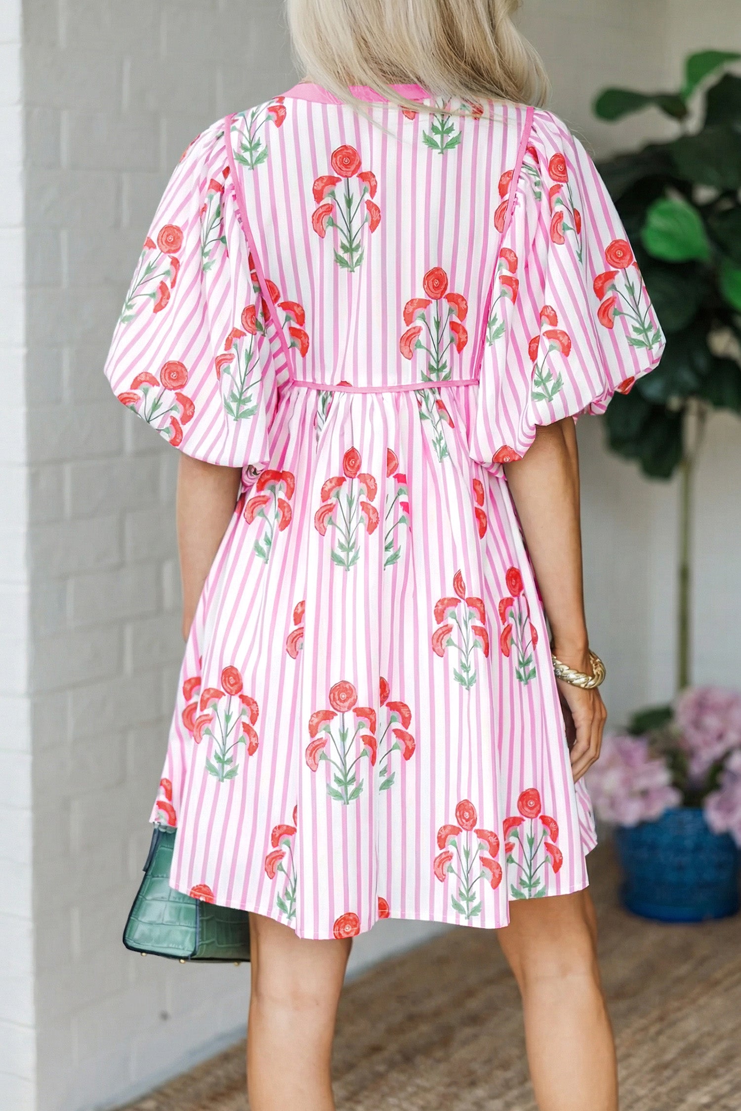 Floral Striped Tie Neck Puff Sleeve Mini Dress – Light Blue & Pink
