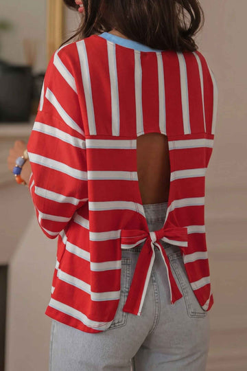 Racing Red Striped Bow Tie Hollowed Back 7/8 Sleeve Casual T-Shirt