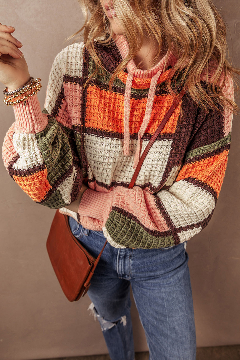 Orange Colour Block Waffle Knit Drawstring Mock Neck Sweater eAura