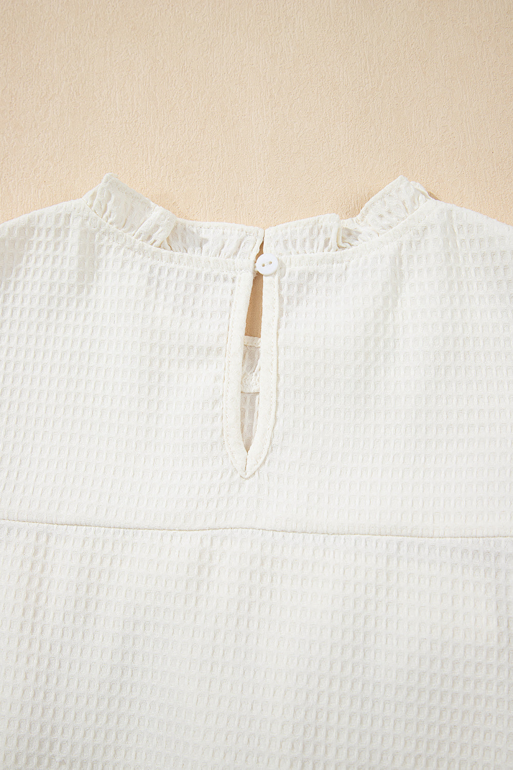 White Solid Colour Ruffle Trim Waffle Knit Blouse eAura