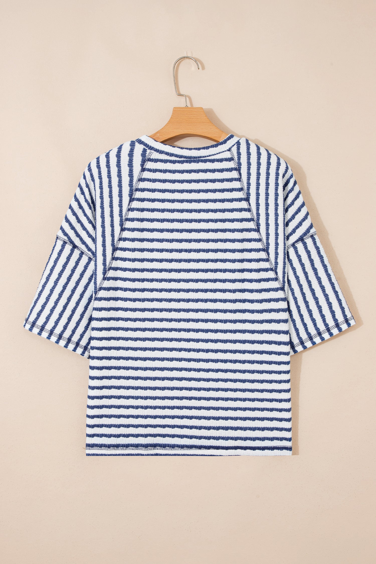 Striped Textured Knit Split Hem Half Sleeve Loose Top