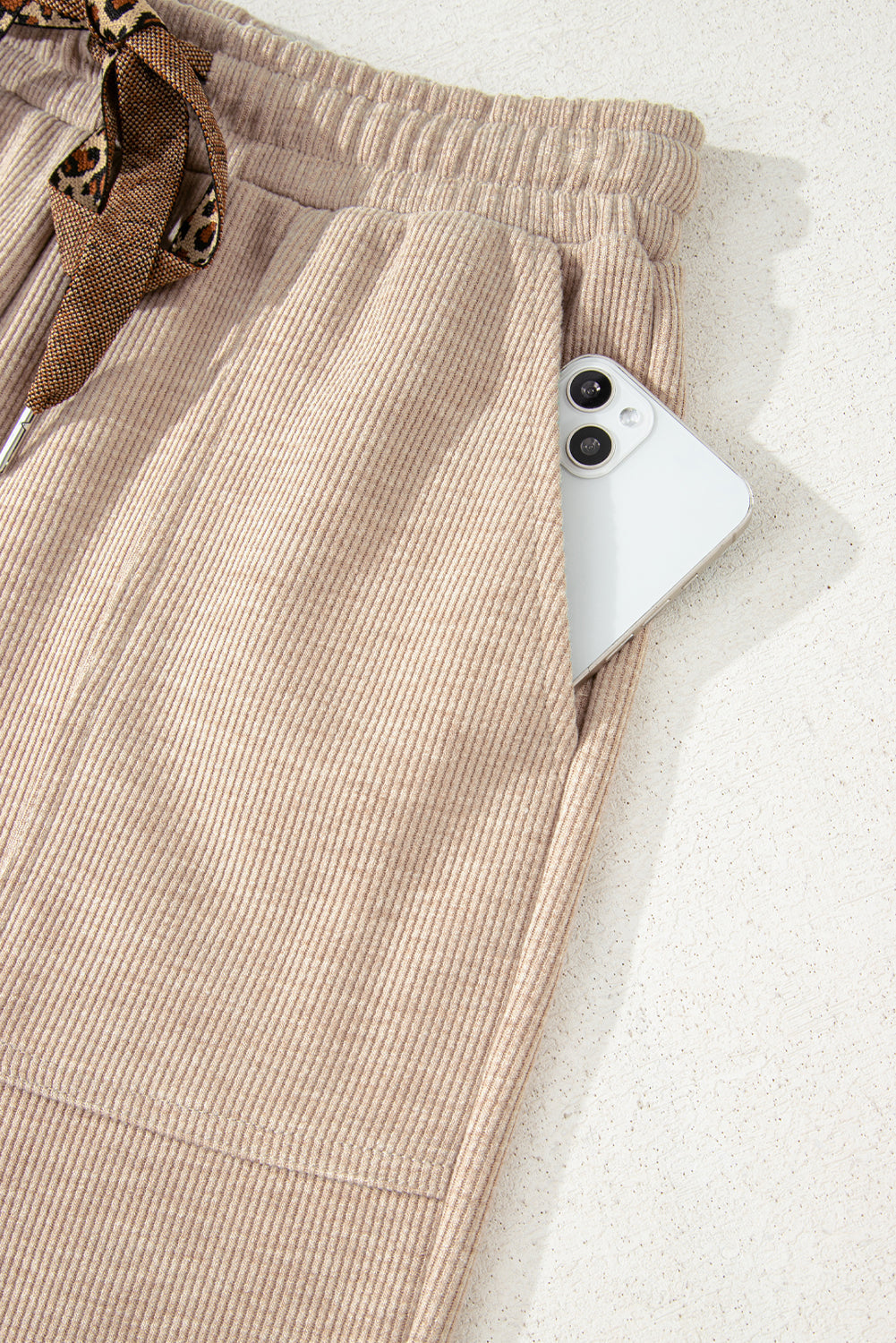 Soft Corduroy Leopard Drawstring High Waist Trousers - eAura