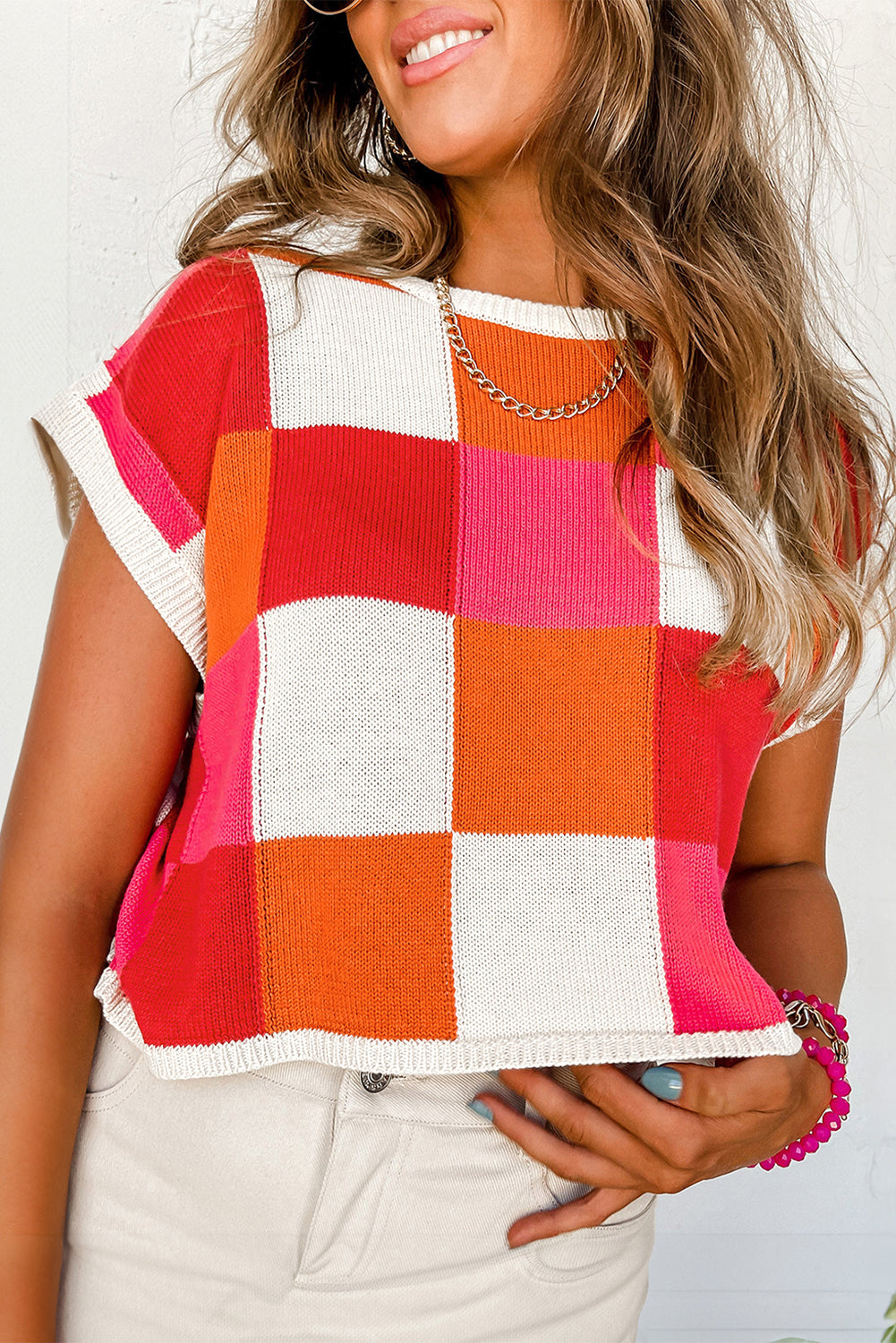 Grapefruit Orange Colour Block Cap Sleeve Sweater eAura