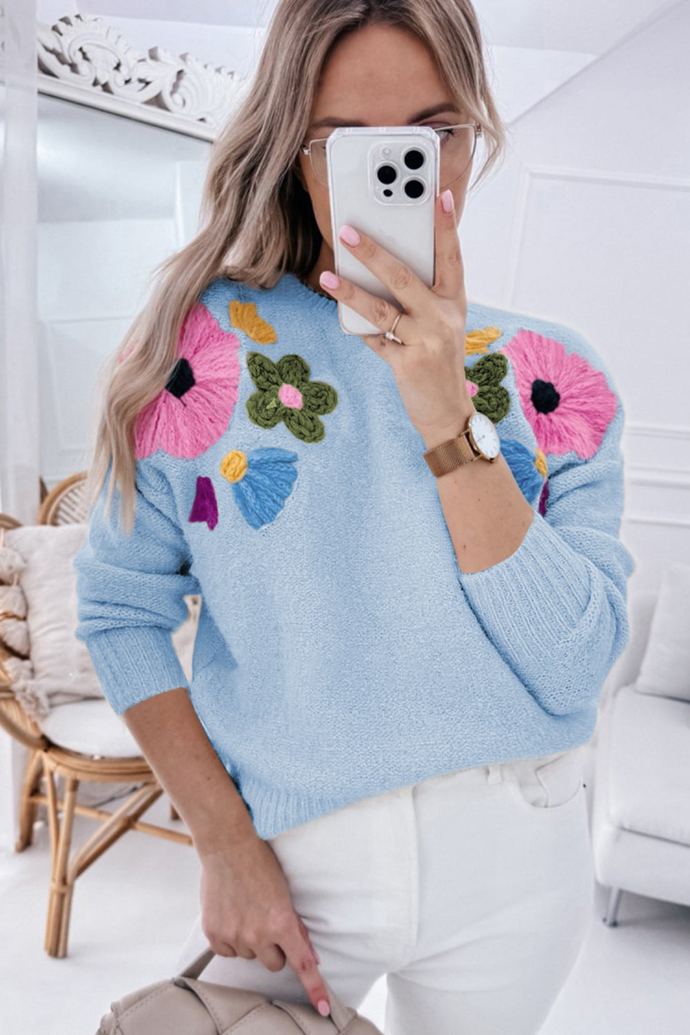 Light Blue Knitted Flower Pattern Ribbed Edge Sweater eAura