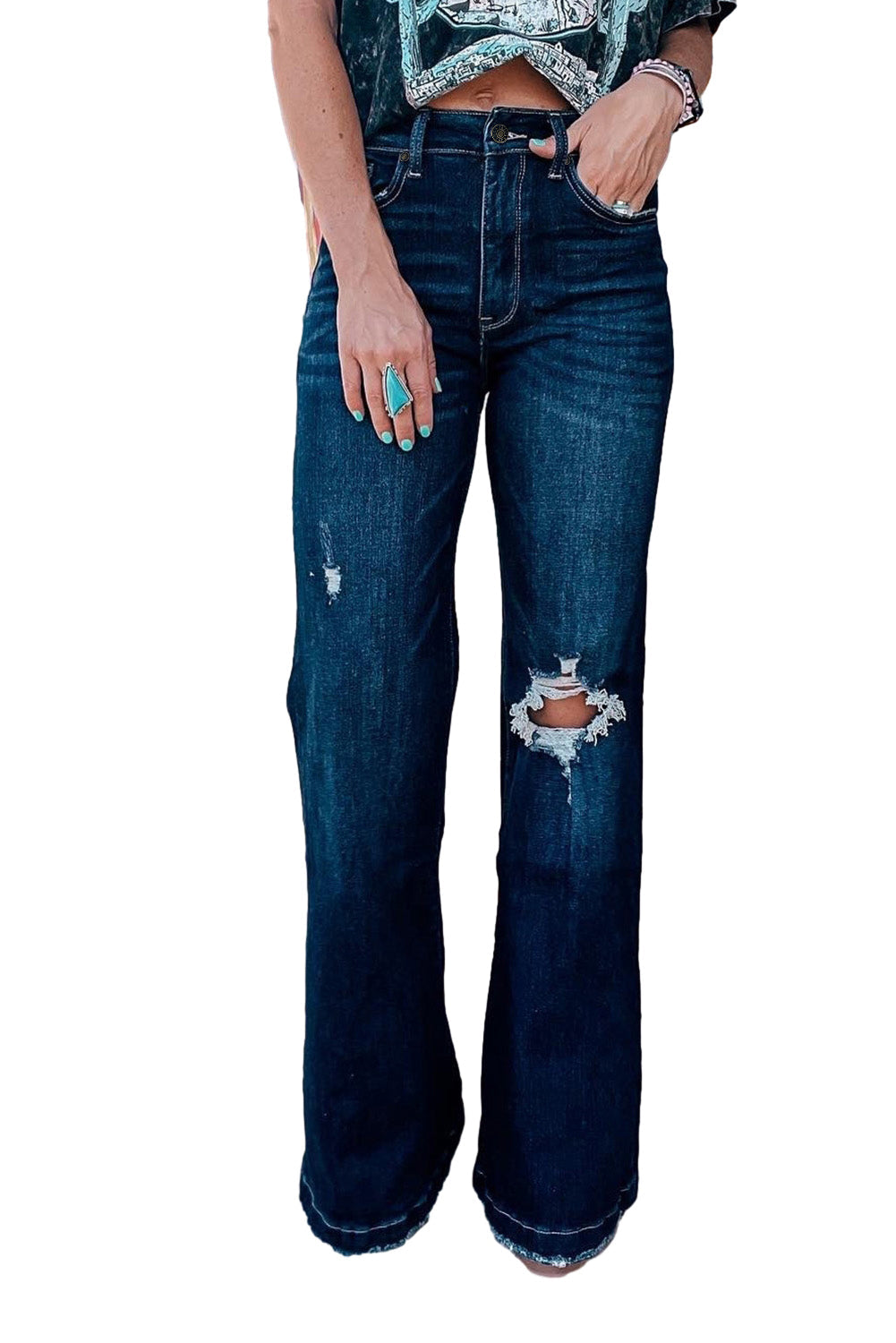 Real Teal High Rise Ripped Bell Bottom Jeans Beagle Boutique Fashion Outlet