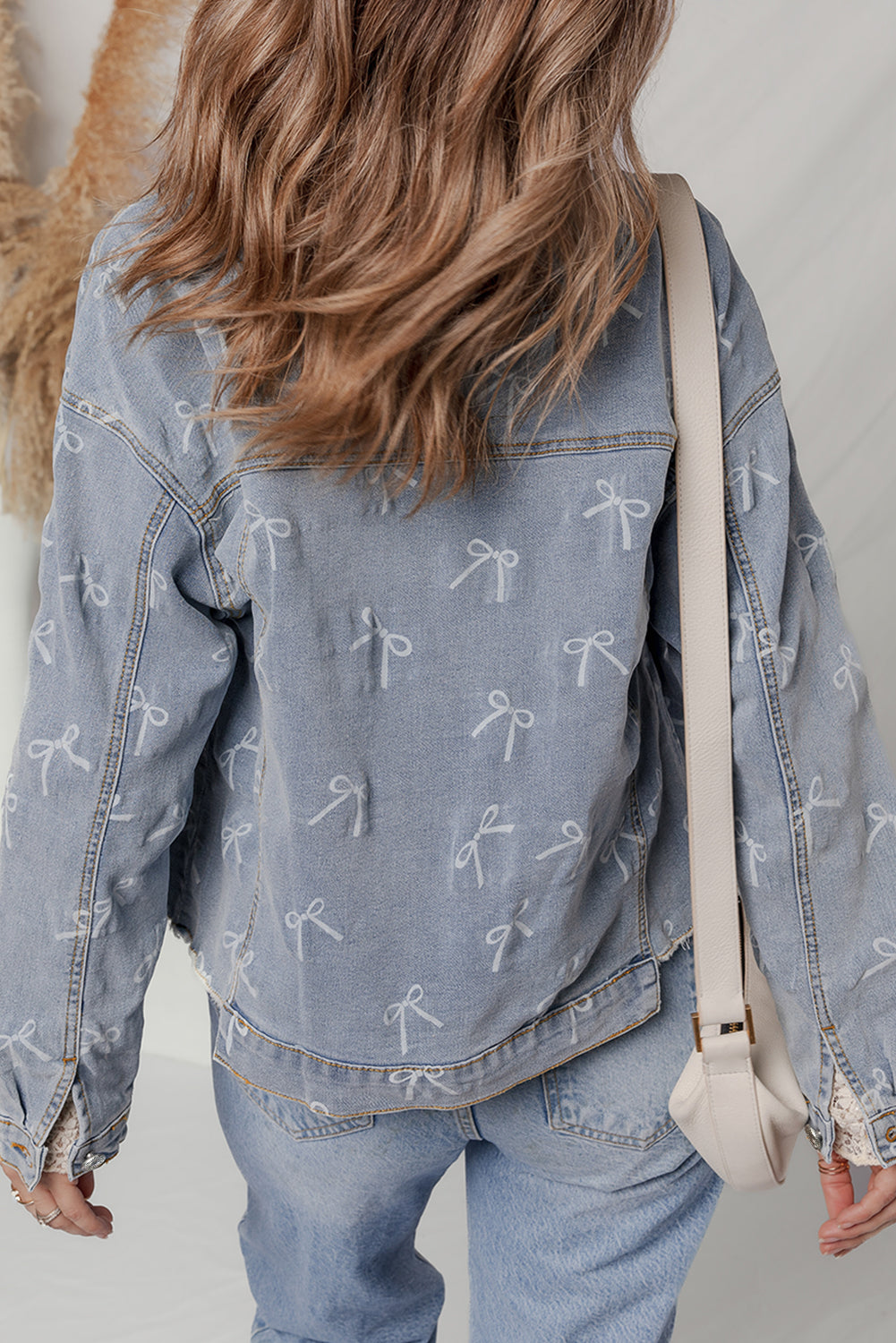 Sky Blue Bow Knot Print Light Wash Raw Hem Denim Jacket Dear-Lover Dropshipping