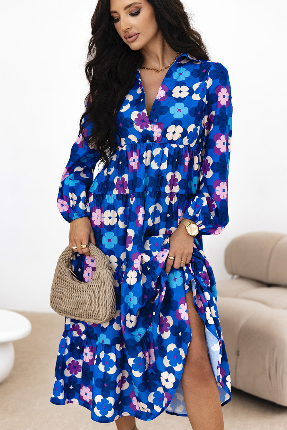 Blue Floral Peasant Sleeve Tiered Ruffle Midi Dress eAura