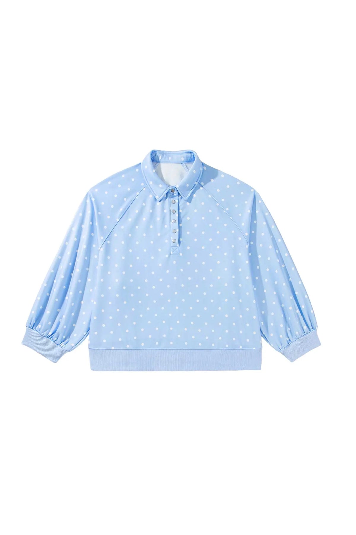 Sky Blue Polka Dot V Neck Metal Button Long Sleeve Shift Plus Size Sweatshirt – Light Blue