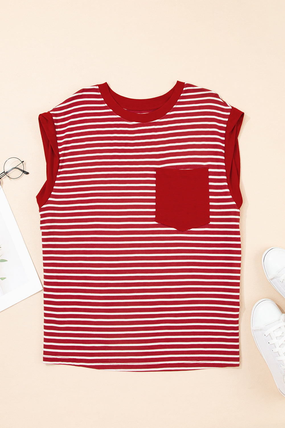 Red Stripe Chest Pocket Patch Round Neck Tank Top eAura