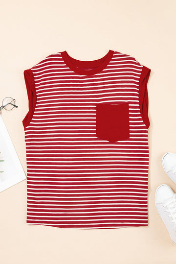 Red Stripe Chest Pocket Patch Round Neck Tank Top - Tops/Tank Tops
