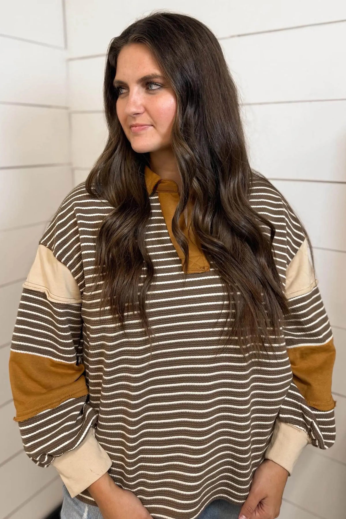 Colourblock Detail Collar V Neck Plus Size Long Sleeve Top – Brown Stripe