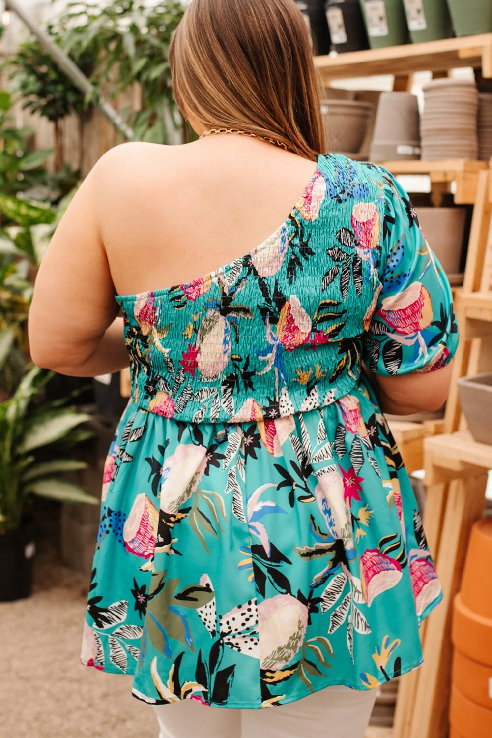 Green Plus Size Floral Smocked Bodice Single Puff Short Sleeve Babydoll Blouse BB Fashion Outlet