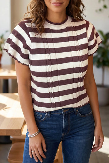 Ribbed Knit Cable Detail Short Sleeve Sweater – Brown Stripe