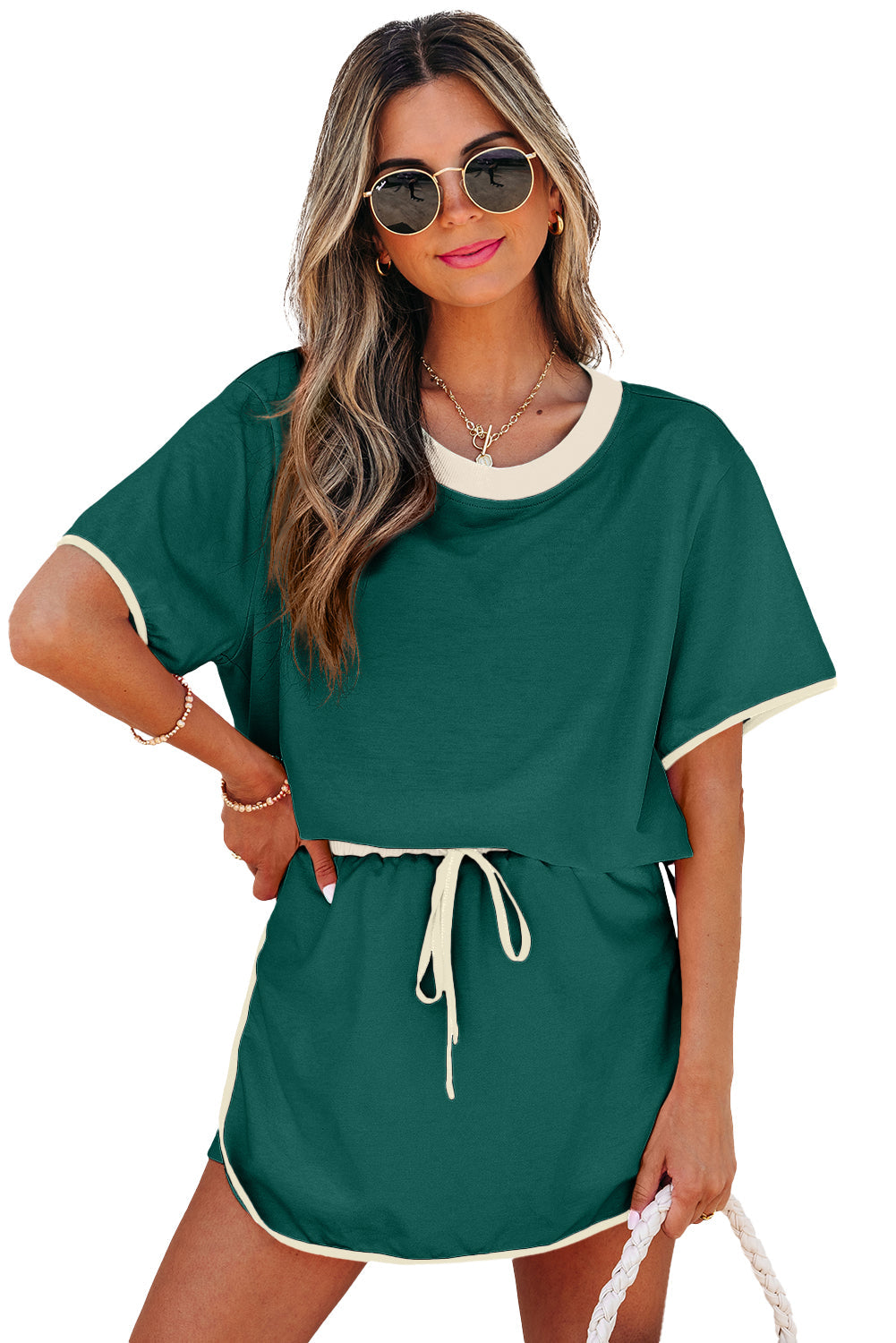 Evergreen Colourblock Edge Drop Shoulder T Shirt and Skirt 2Pcs Set Co-ord eAura
