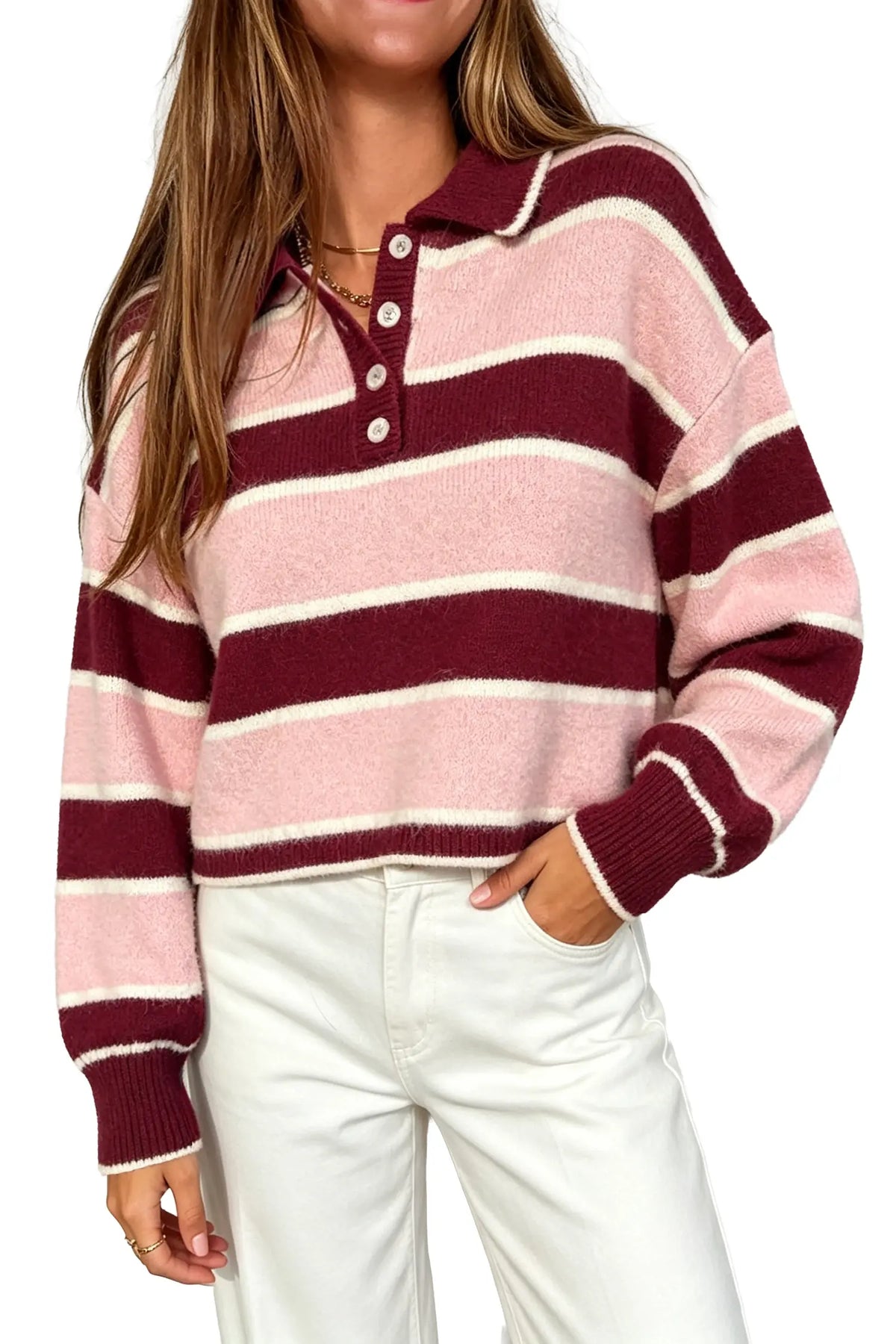 Polo Collar Knit Sweater Long Sleeve Ribbed Cuff Casual