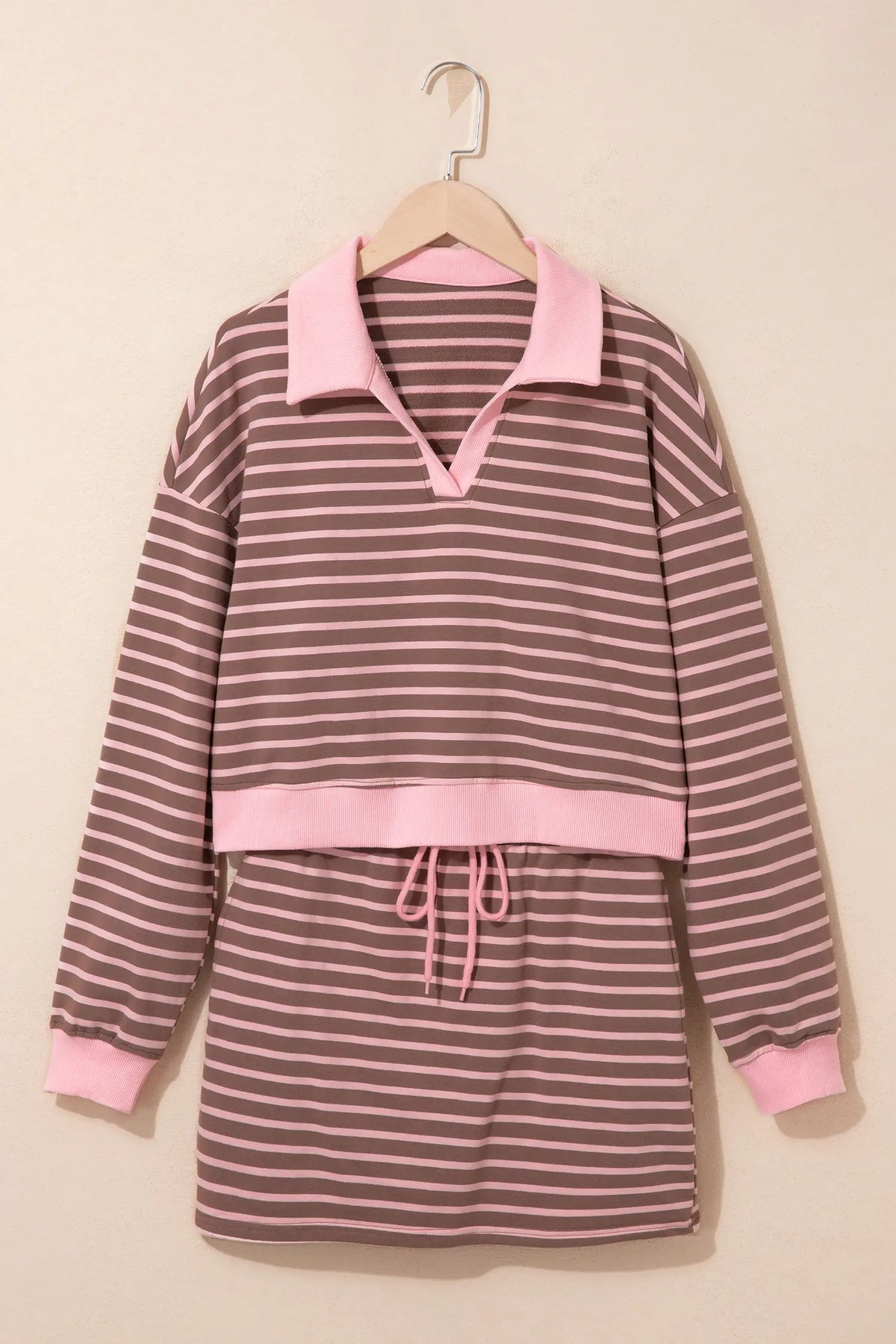 Striped Drawstring Waist Long Sleeve Top Mini Skort Set – Brown Stripe