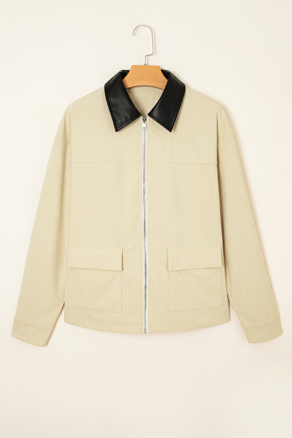 Contrast Faux Leather Collar Textured Zip-Up Jacket - eAura