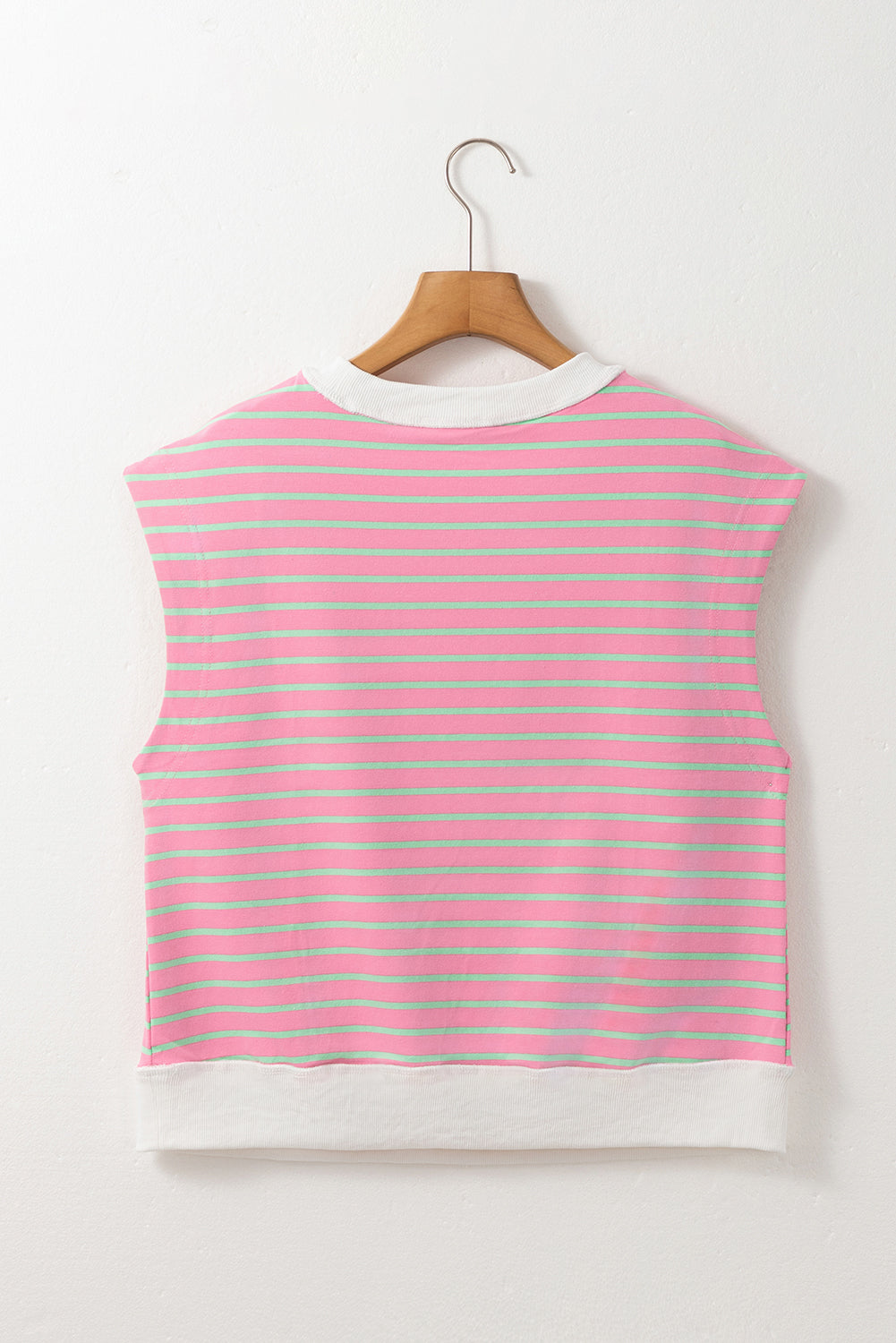 Pink Striped Crew Neck Cap Sleeve T Shirt - eAura