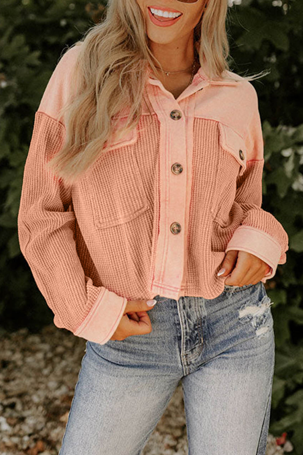 Orange Textured Waffle Knit Chest Pockets Cropped Shacket Beagle Boutique Fashion Outlet