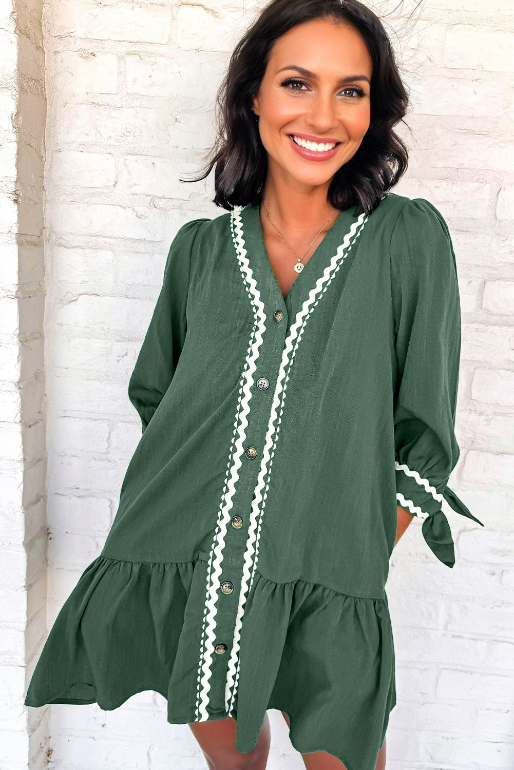 Contrast Ricrac Trim Button V-Neck Knotted Bracelet Sleeve Shift Dress - eAura