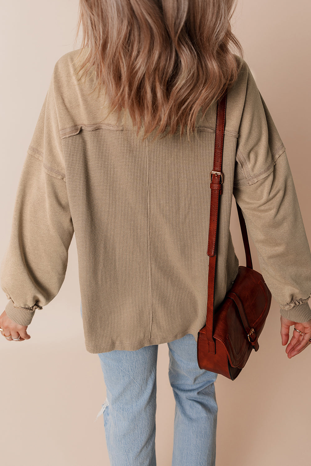 Goat Mineral Wash Textured Patchwork Loose Fit Shacket eAura