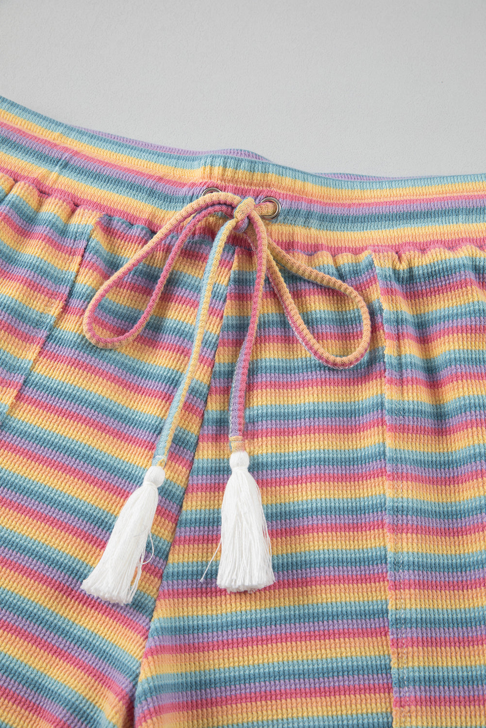 Pink Stripe Crew Neck Tee and Tasseled Drawstring Shorts Set Co-ord eAura