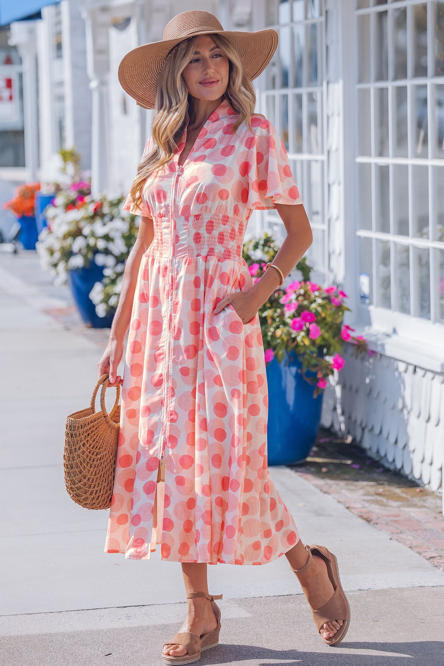 Polka Dot Ruffle Sleeve Zip-Up Maxi Dress