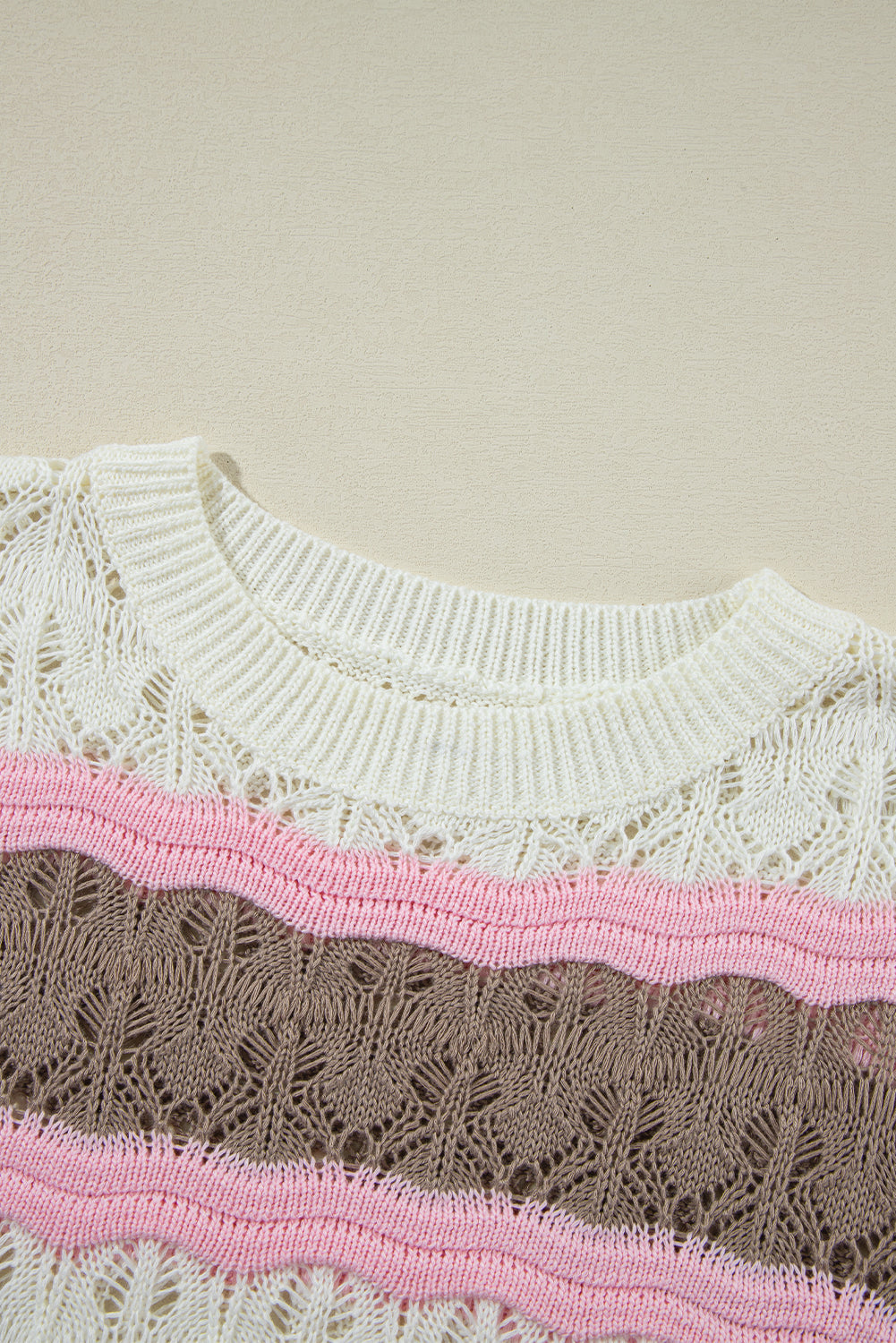 Brown Stripe Colour Block Hollow Out Crochet Half Sleeve Sweater eAura