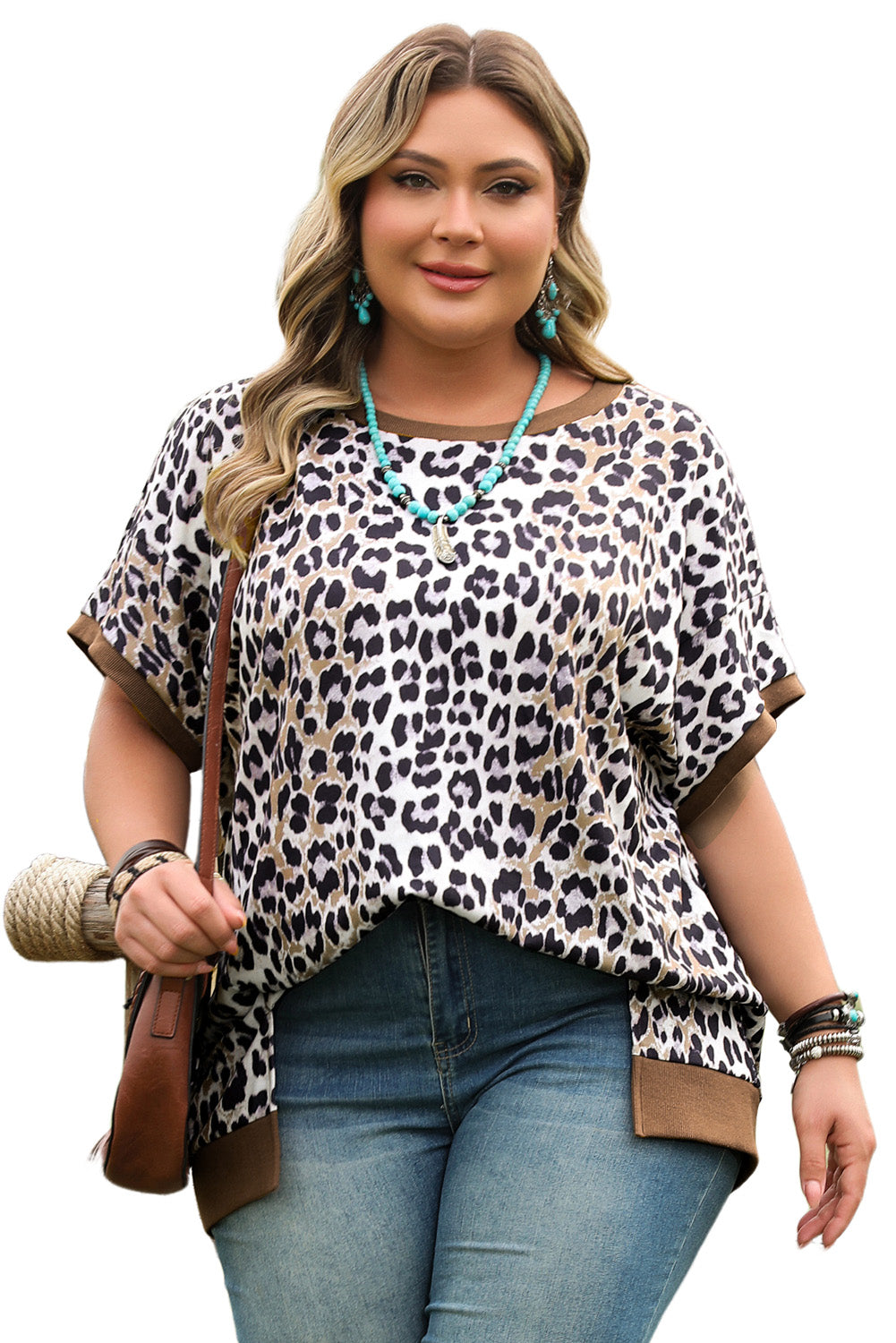 Khaki Leopard Contrast Trim Short Sleeve Loose Plus Size Top BB Fashion Outlet