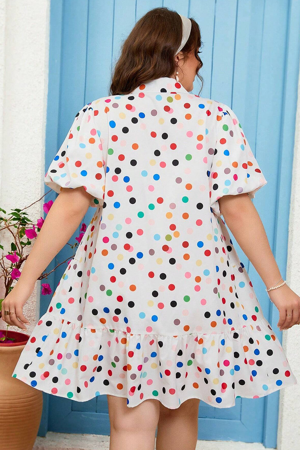 White Polka Dot Print Bubble Sleeve Button Up Plus Size Shirt Dress BB Fashion Outlet