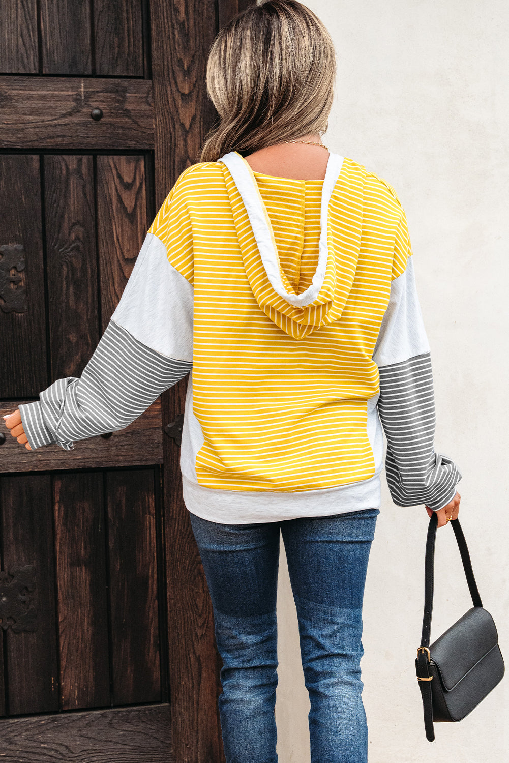 Yellow Stripe Color Block Drawstring V Neck Loose Fit Hooded Top - eAura
