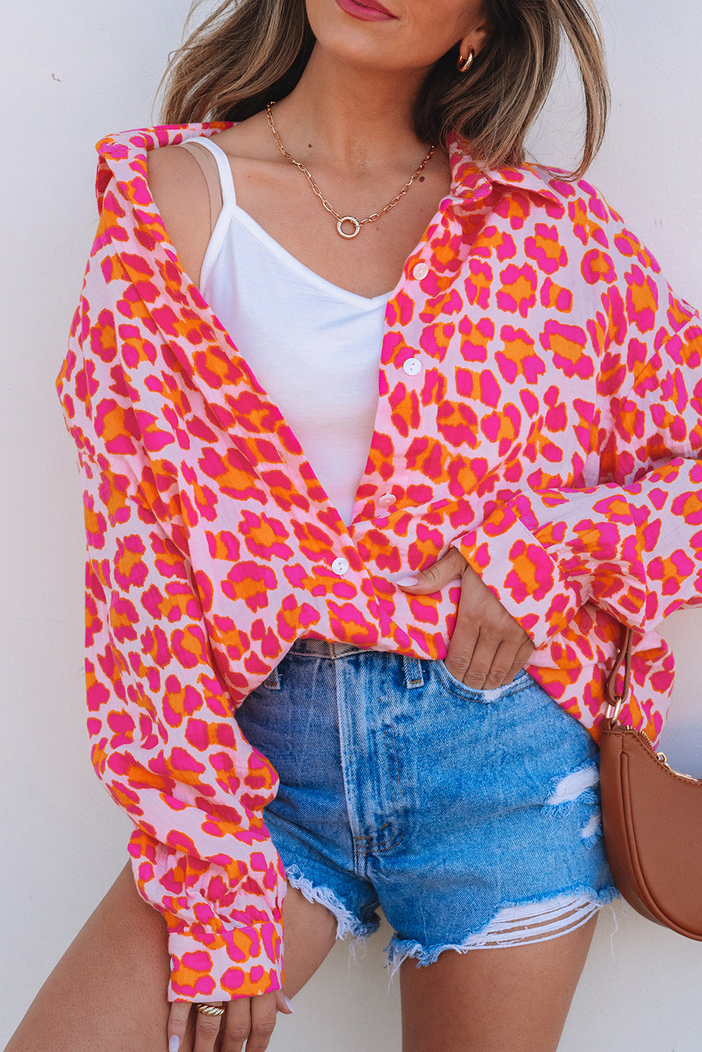 Rose Leopard Printed Button Up Loose Shirt BB Fashion Outlet