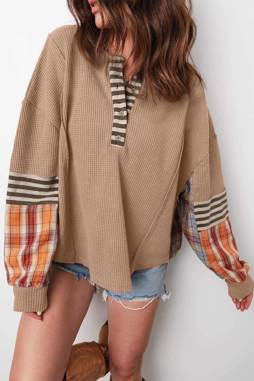 Waffle Striped Plaid Patchwork Henley Knit Top - eAura