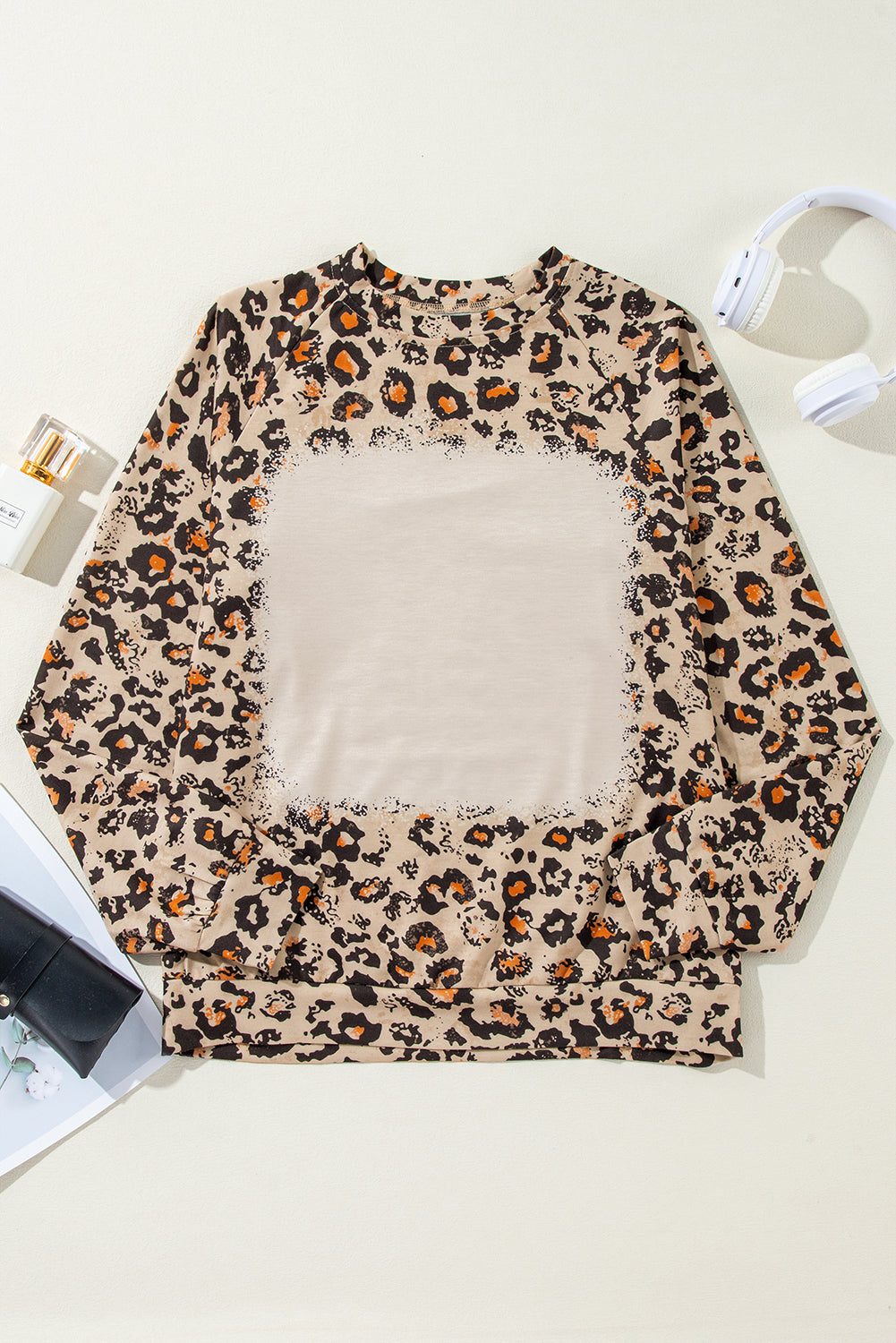 Brown Leopard Bleached Raglan Sleeve Pullover Sweatshirt eAura