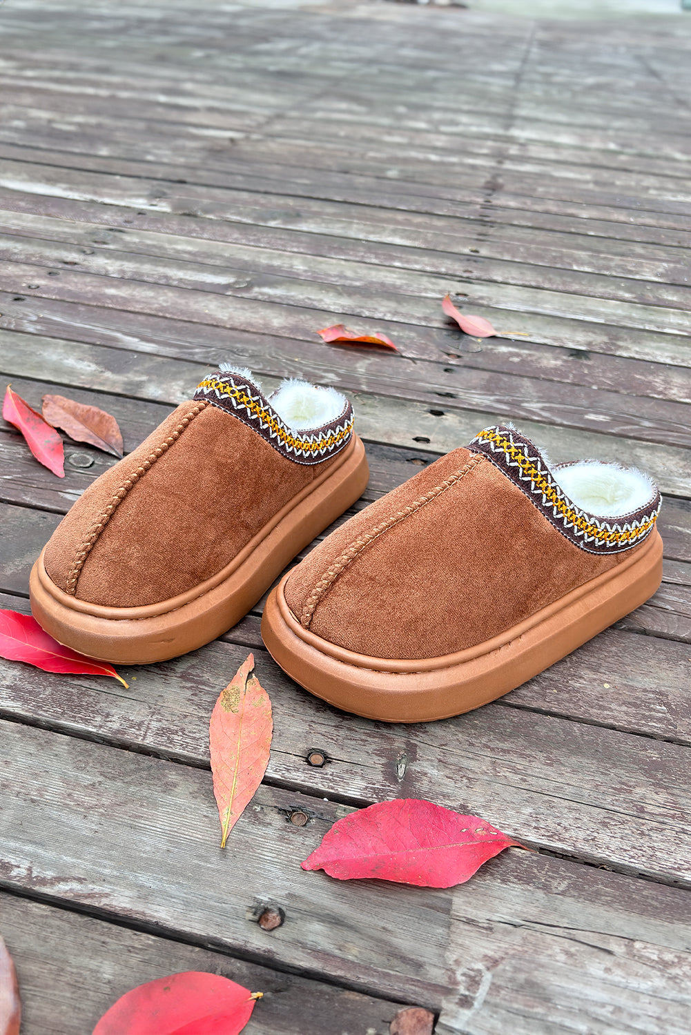 Chestnut Contrast Edge Suede Plush Lined Thick Sole Winter Slippers BB Fashion Outlet
