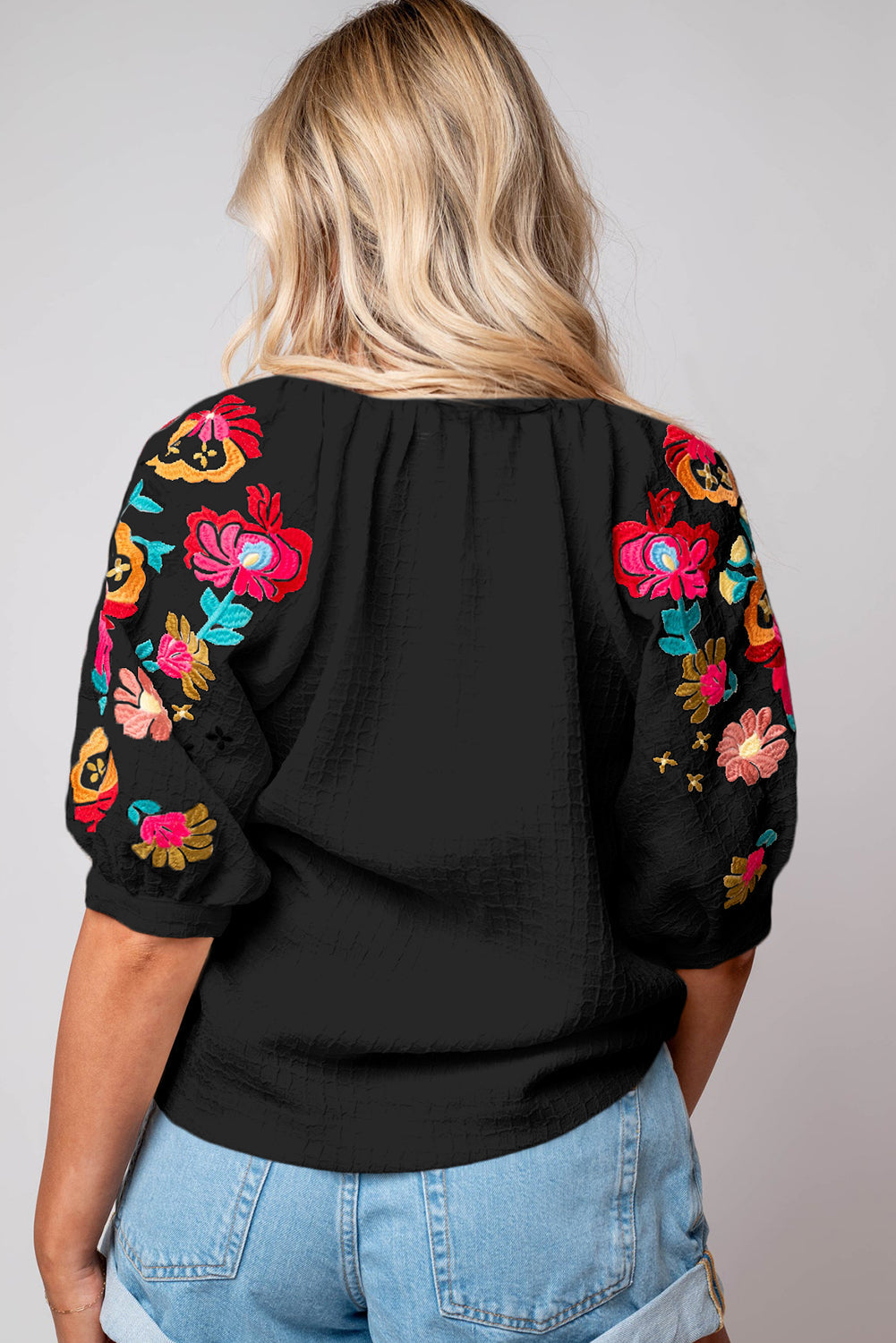 Beige Floral Embroidered Ricrac Puff Sleeve Textured Blouse BB Fashion Outlet