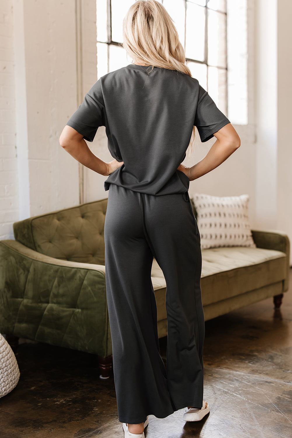 Dark Grey Drawstring Side Crewneck Tee and Loose Trousers Set eAura