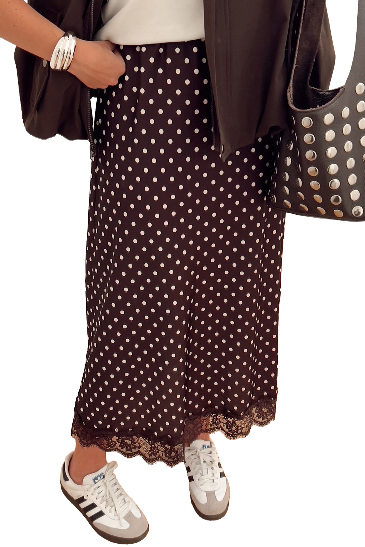 Polka Dot Lace Hem Elegant Long Shift Skirt – Khaki