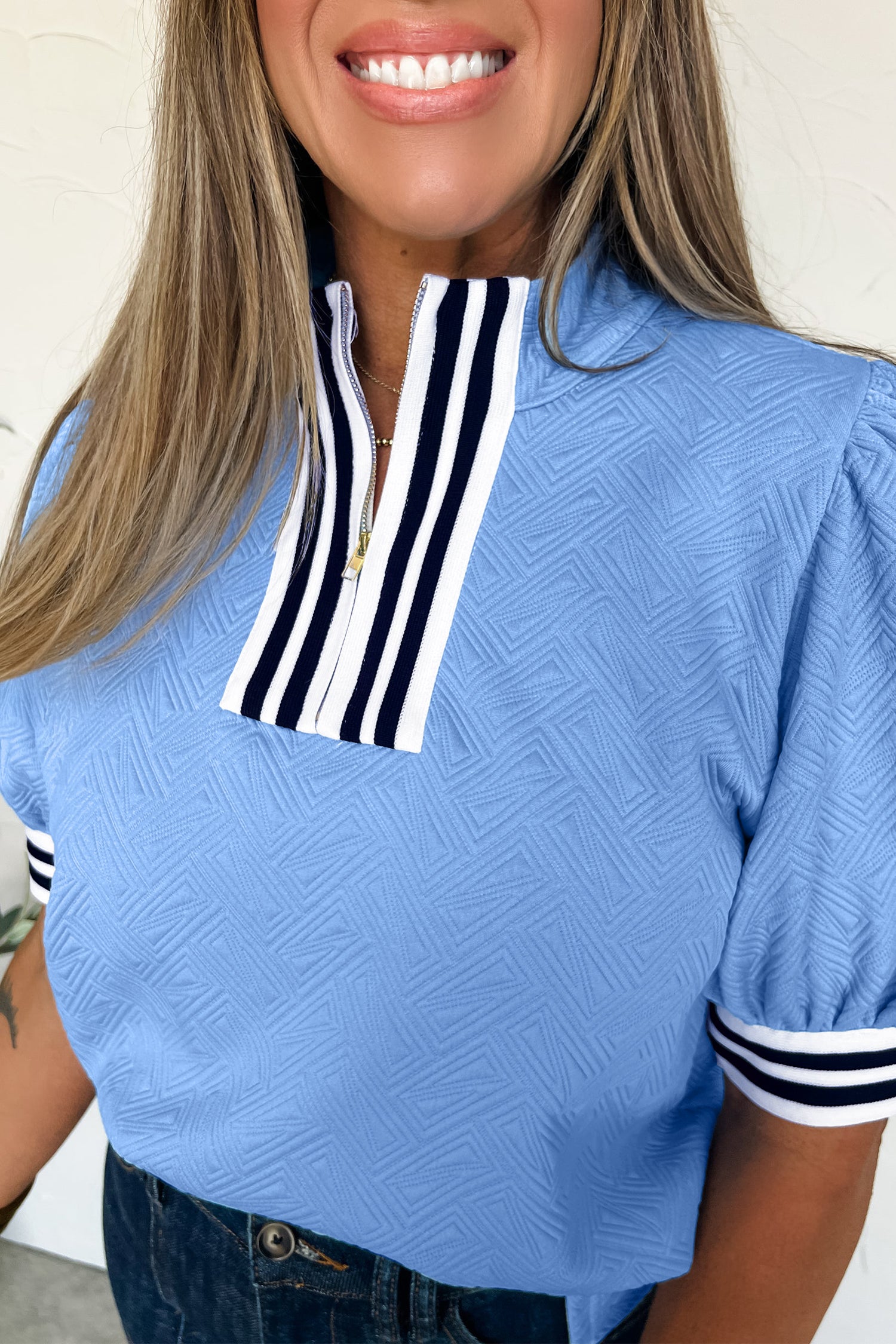 Myosotis Stylish Textured Stripe Trim Split Neck Puff Sleeve Top – Blue