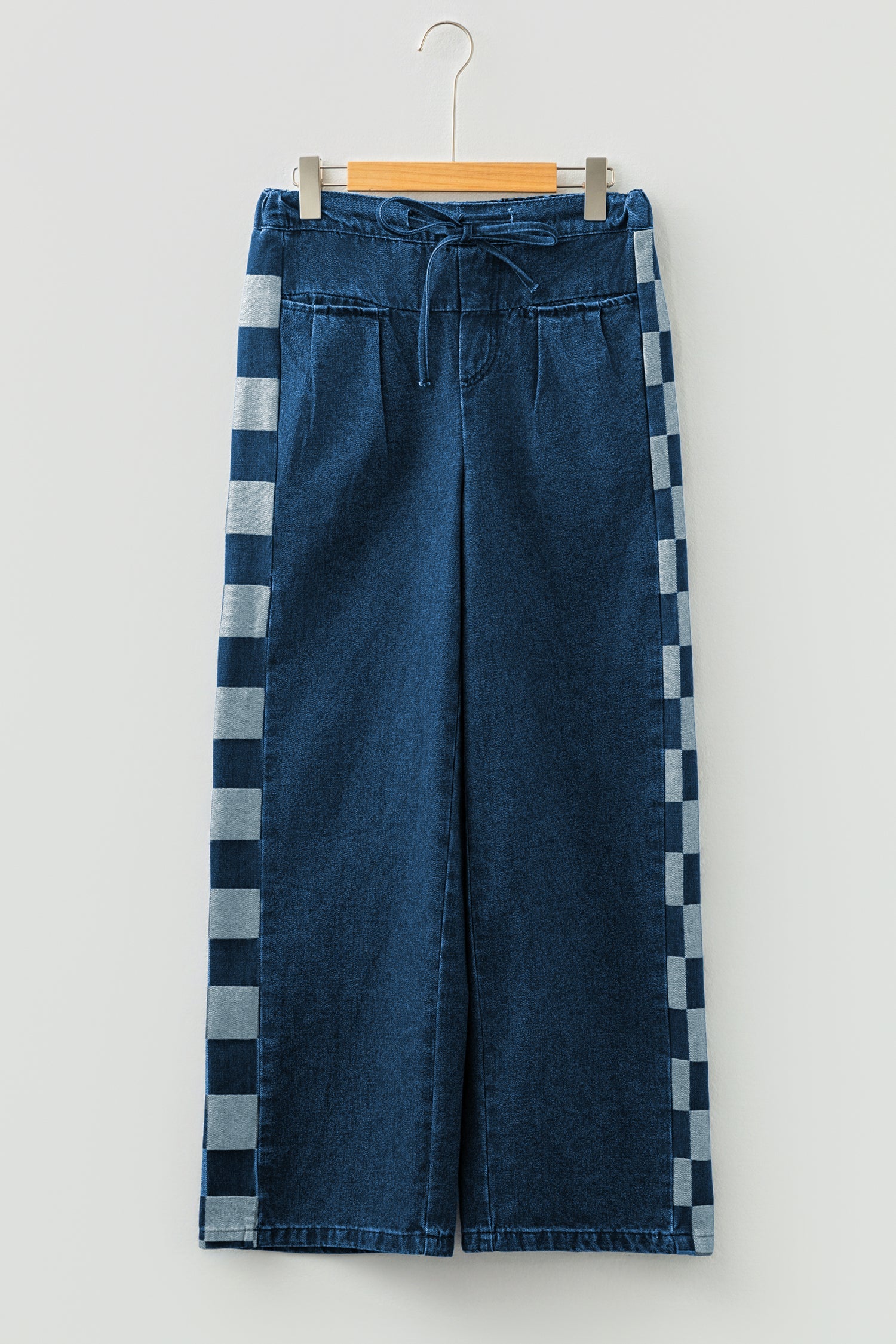 Checkered Side Panel Patchwork Drawstring Loose Denim Pants - eAura