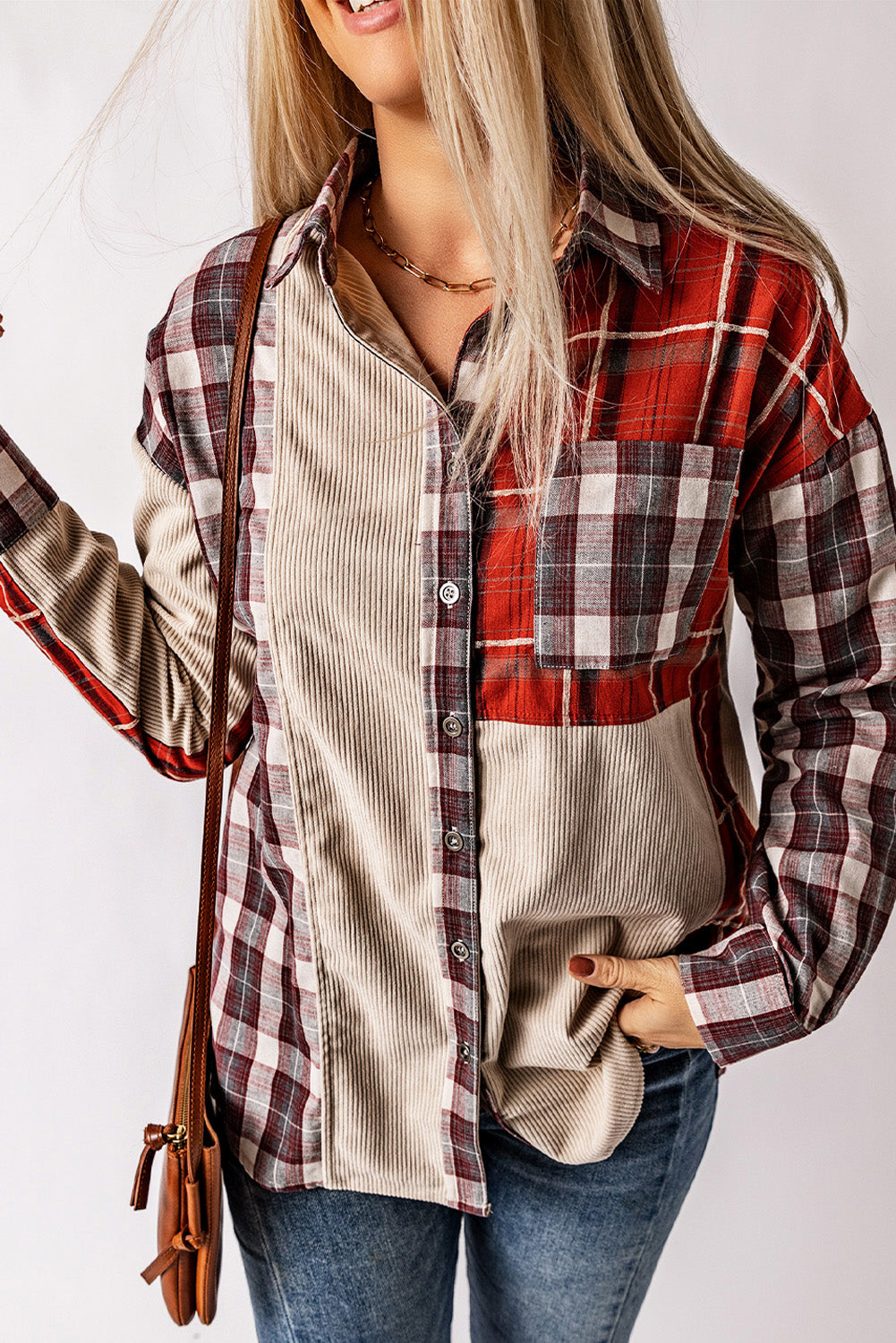 Plaid Corduroy Patchwork Shacket Beagle Boutique Fashion Outlet