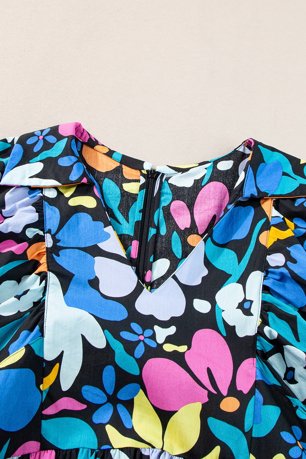 Blue Split Neck Collared Plus Floral Dress BB Fashion Outlet