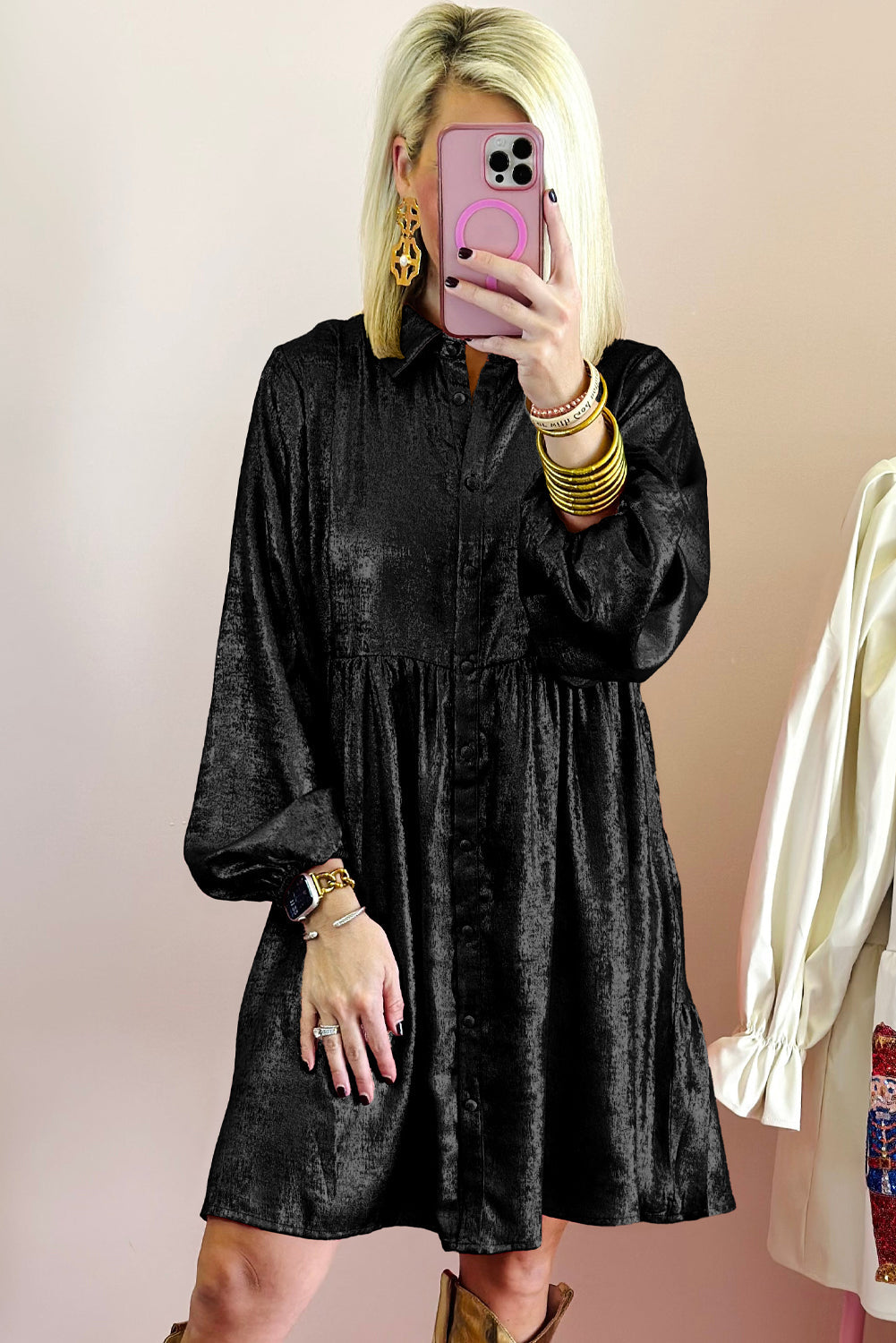 Peach Blossom Metallic Sheen Puff Sleeve Button Up Mini Shirt Dress eAura