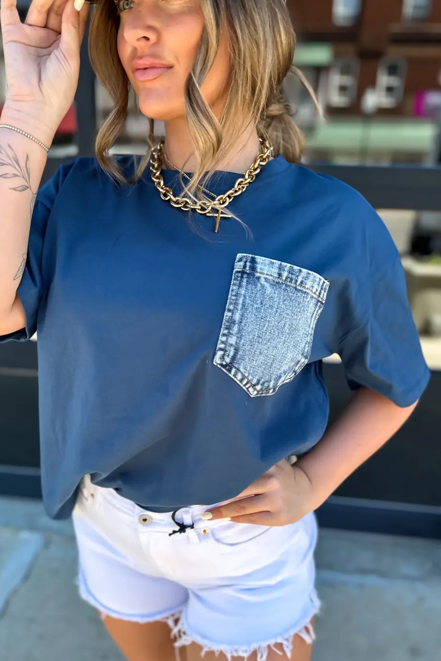 Colour Block Chest Pocket Patched Casual Short Sleeve Top