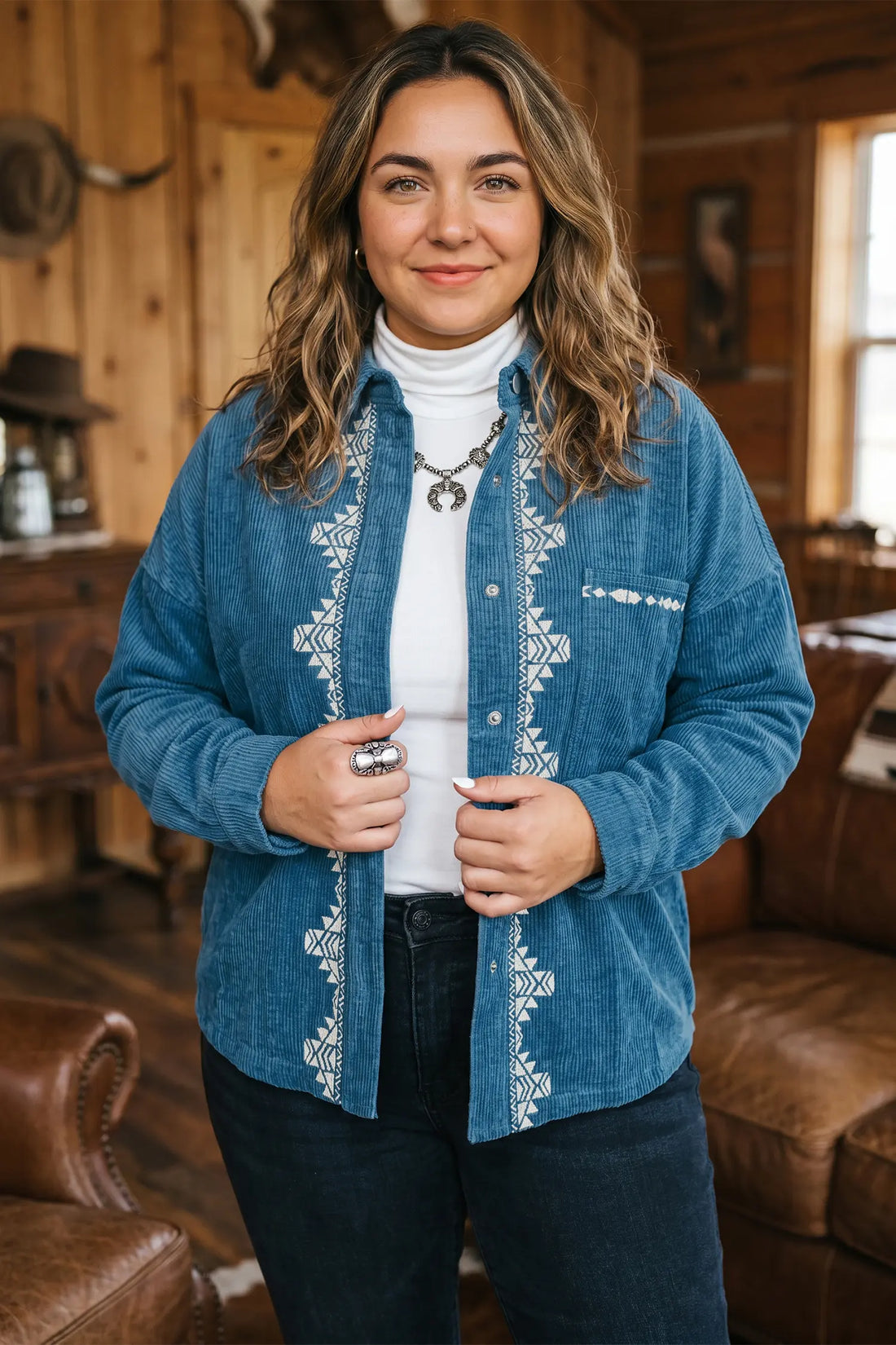 Embroidered Corduroy V-Neck Long Sleeve Plus Size Shirt