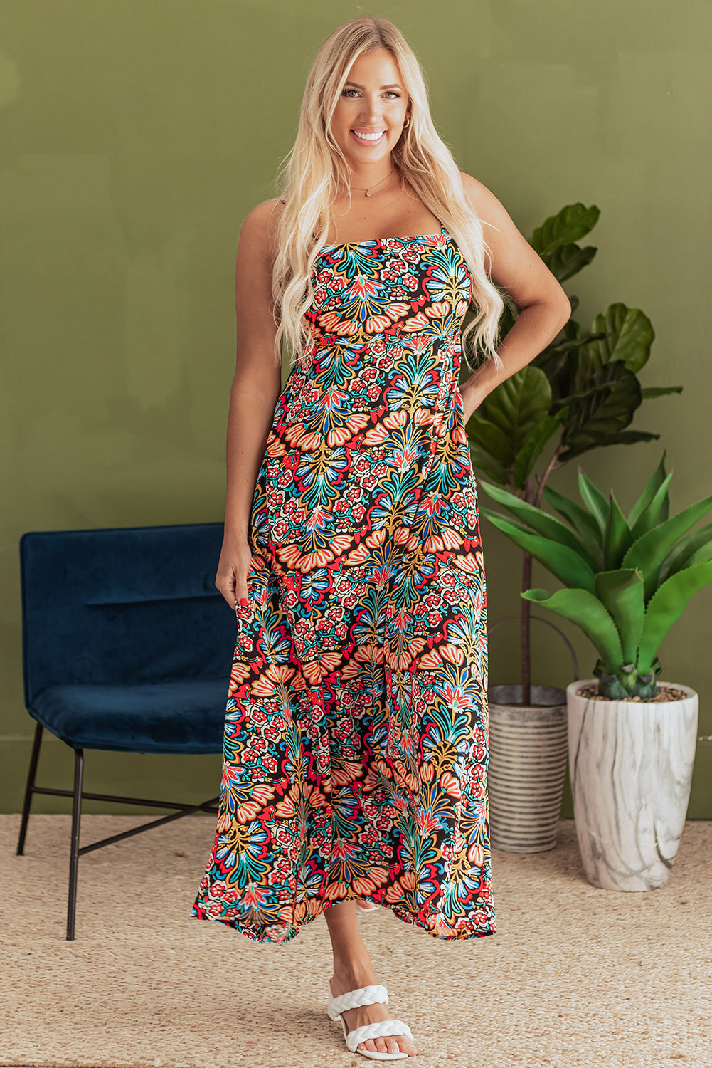 Black Boho Floral Print Thin Straps Sleeveless High Waist Maxi Dress eAura