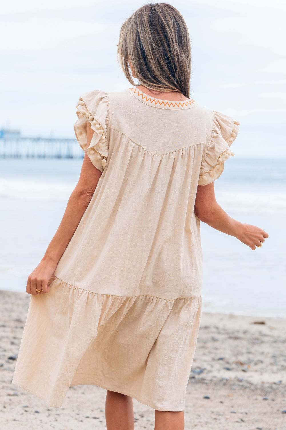 Jet Stream Linen Embroidery Split Neck Pom Pom Ruffle Sleeves Flowy Short Dress eAura