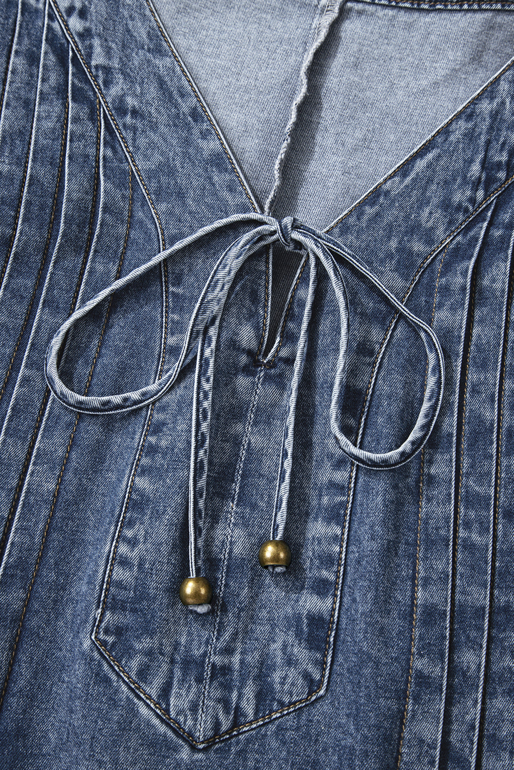 3/4 Sleeve Tied V-Neck Pleated Denim Mini Dress - eAura