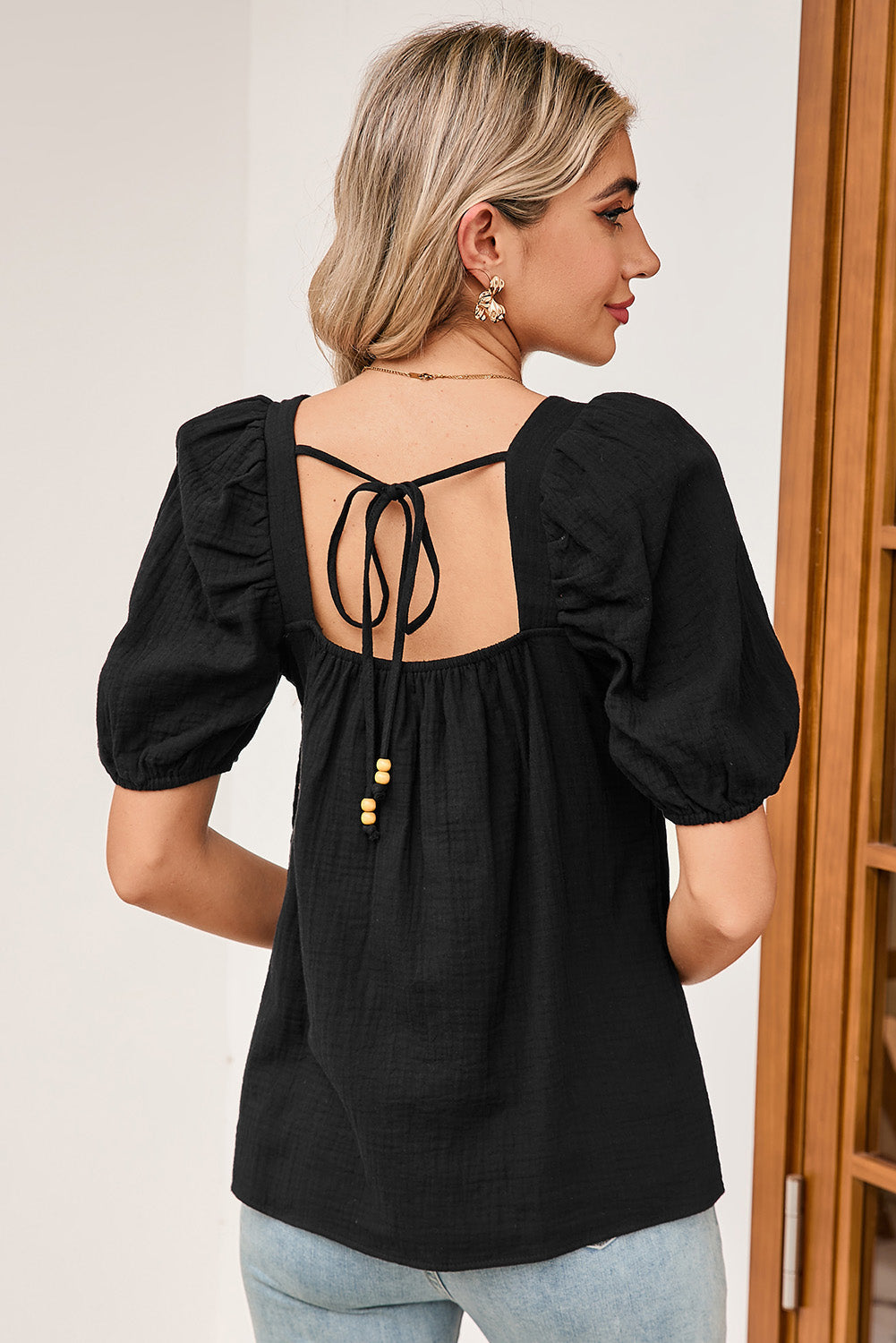 Black Crochet Square Neck Crinkled Blouse BBs