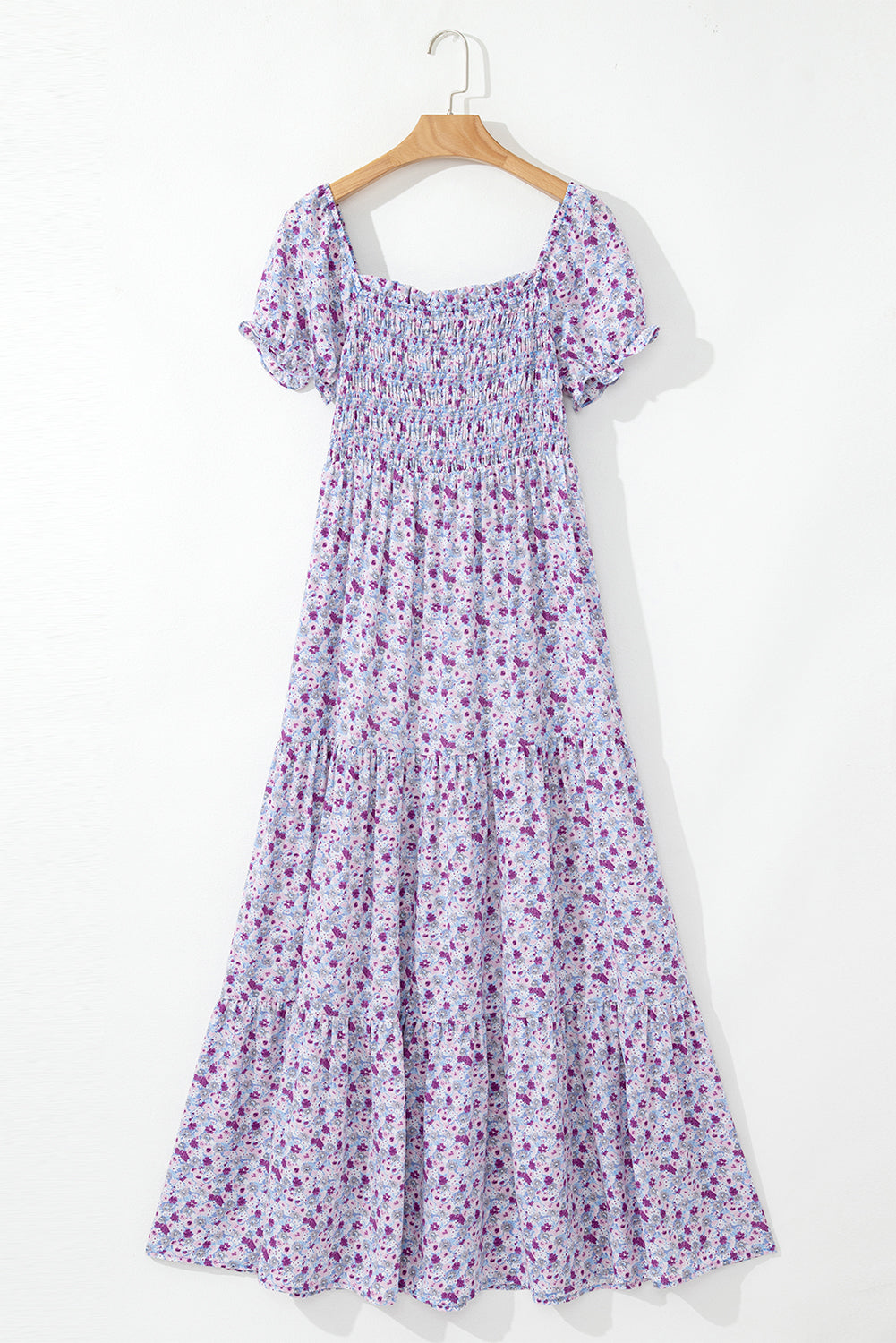 Purple Floral Short Bubble Sleeve Shirred High Waist Maxi Dress eAura